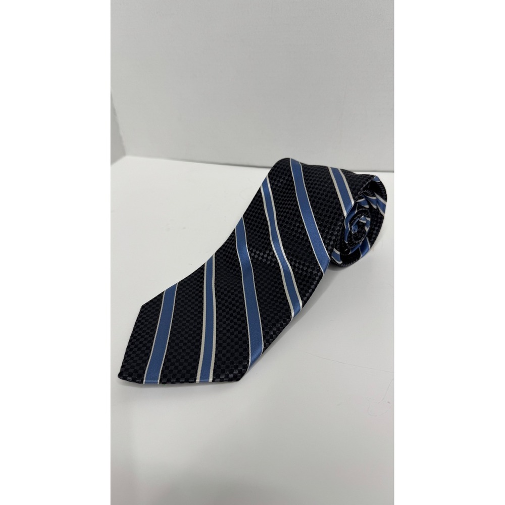 Bruno Piattelli Mens Silk Tie Navy Blue Light Blue Striped Woven USA Made